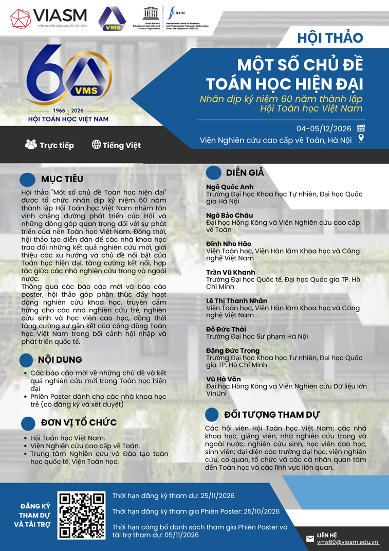 Hội thảo “Một số chủ đề Toán học hiện đại” nhân dịp kỷ niệm 60 năm thành lập hội Toán học Việt Nam